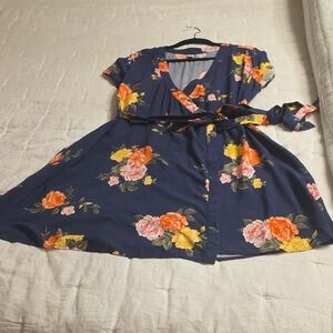 Old Navy Navy Floral Wrap Midi Dress with Yellow & Orange Blooms Viscose XL